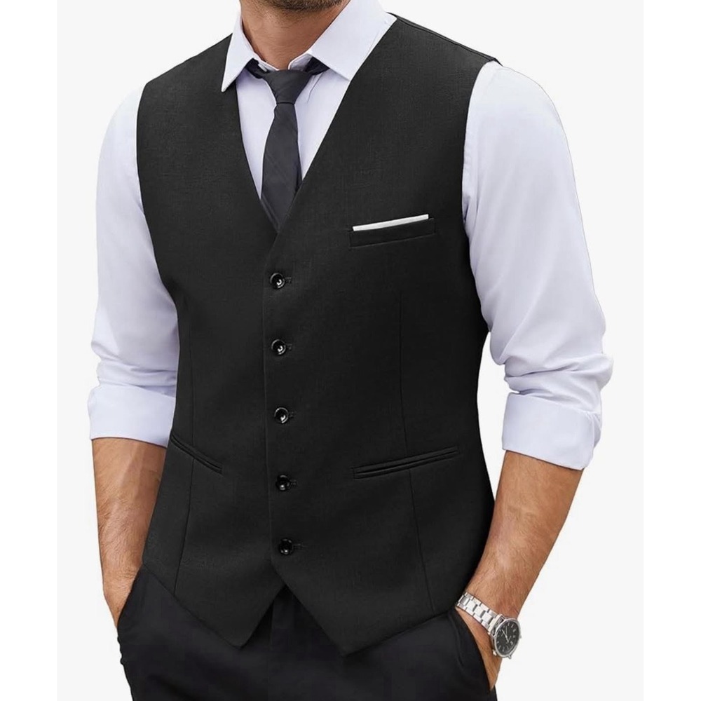 COOFANDY Men's V-Neck Sleeveless Slim Fit Jacket Casual Suit Vest, Black, XXL